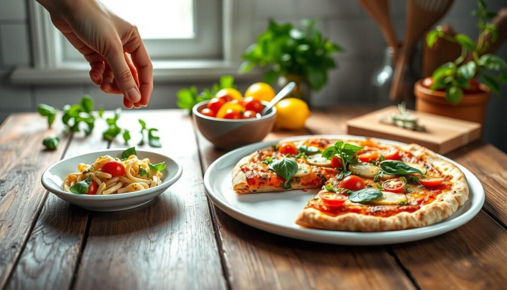 A beautifully arranged gluten-free meal displayed on a rustic wooden table. In the foreground, a delicious gluten-free pizza topped with vibrant vegetables and fresh herbs is showcased on a stylish white plate. Adjacent to it, a small bowl filled with gluten-free pasta salad, colorful bell peppers, and cherry tomatoes adds a pop of color. In the middle, a hand reaching for a slice of pizza emphasizes the inviting nature of the meal. The background features soft, natural lighting filtering through a nearby window, creating a warm and welcoming atmosphere. Subtle greenery and kitchen utensils in the background add depth without distracting from the main focus. The overall mood conveys a sense of health, inclusivity, and culinary delight. A beautifully arranged gluten-free meal displayed on a rustic wooden table. In the foreground, a delicious gluten-free pizza topped with vibrant vegetables and fresh herbs is showcased on a stylish white plate. Adjacent to it, a small bowl filled with gluten-free pasta salad, colorful bell peppers, and cherry tomatoes adds a pop of color. In the middle, a hand reaching for a slice of pizza emphasizes the inviting nature of the meal. The background features soft, natural lighting filtering through a nearby window, creating a warm and welcoming atmosphere. Subtle greenery and kitchen utensils in the background add depth without distracting from the main focus. The overall mood conveys a sense of health, inclusivity, and culinary delight.