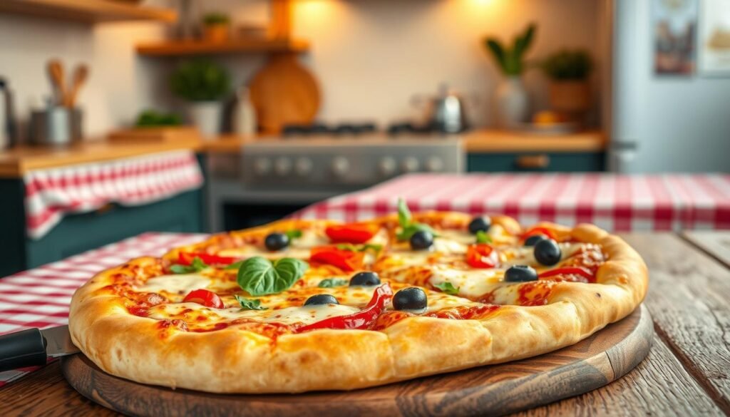 A beautifully arranged takeaway pizza bread on a rustic wooden table, showcasing a golden-brown crust, melted cheese bubbling on top, and an assortment of vibrant toppings like bright red peppers, green basil, and black olives. In the foreground, a pizza cutter rests beside the bread, hinting at the deliciousness within. The middle ground features a cozy red-and-white checkered tablecloth, enhancing the inviting atmosphere. In the background, a warm kitchen setting with soft, diffused lighting casts a homely glow, emphasizing the comfort of carryout dining. The image should evoke a feeling of warmth and satisfaction, capturing the essence of enjoying fresh, affordable takeout specials in a friendly environment. A beautifully arranged takeaway pizza bread on a rustic wooden table, showcasing a golden-brown crust, melted cheese bubbling on top, and an assortment of vibrant toppings like bright red peppers, green basil, and black olives. In the foreground, a pizza cutter rests beside the bread, hinting at the deliciousness within. The middle ground features a cozy red-and-white checkered tablecloth, enhancing the inviting atmosphere. In the background, a warm kitchen setting with soft, diffused lighting casts a homely glow, emphasizing the comfort of carryout dining. The image should evoke a feeling of warmth and satisfaction, capturing the essence of enjoying fresh, affordable takeout specials in a friendly environment.
