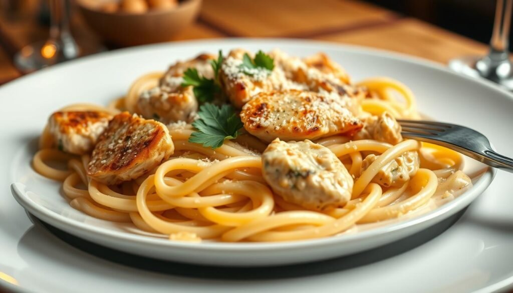 A beautifully plated serving of creamy chicken Alfredo pasta, featuring tender fettuccine noodles coated in a rich, velvety Alfredo sauce. The foreground showcases succulent pieces of grilled chicken, garnished with fresh parsley, and a sprinkle of grated Parmesan cheese. In the middle, the dish is elegantly presented on a white plate, with a fork positioned beside it, ready for enjoyment. The background captures a softly blurred ambiance of a cozy Italian restaurant, with warm lighting highlighting the dish's inviting textures. A wooden table adds a rustic touch, enhancing the comforting atmosphere. The scene is illuminated by gentle, warm light, creating an inviting and appetizing mood, perfect for a culinary article focused on delicious pasta dishes. A beautifully plated serving of creamy chicken Alfredo pasta, featuring tender fettuccine noodles coated in a rich, velvety Alfredo sauce. The foreground showcases succulent pieces of grilled chicken, garnished with fresh parsley, and a sprinkle of grated Parmesan cheese. In the middle, the dish is elegantly presented on a white plate, with a fork positioned beside it, ready for enjoyment. The background captures a softly blurred ambiance of a cozy Italian restaurant, with warm lighting highlighting the dish's inviting textures. A wooden table adds a rustic touch, enhancing the comforting atmosphere. The scene is illuminated by gentle, warm light, creating an inviting and appetizing mood, perfect for a culinary article focused on delicious pasta dishes.