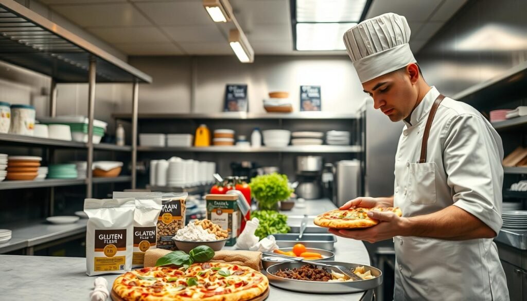 A busy restaurant kitchen scene focusing on cross-contamination risks associated with allergens. In the foreground, a chef in a crisp white uniform and a professional hat is carefully handling a pizza, while checking ingredient labels for allergens. In the middle, various food items are displayed on a countertop: gluten-free flour, nuts, dairy products, and fresh vegetables, each clearly separated to prevent cross-contamination. The kitchen background features industrial shelving, sanitized surfaces, and proper utensils organized neatly. Bright overhead lighting casts a warm glow, highlighting the meticulousness of food preparation. The atmosphere is one of diligence and caution, emphasizing the importance of safe food handling practices. The focus should be on cleanliness and the careful processes to avoid allergen exposure, without any people facing the camera directly. A busy restaurant kitchen scene focusing on cross-contamination risks associated with allergens. In the foreground, a chef in a crisp white uniform and a professional hat is carefully handling a pizza, while checking ingredient labels for allergens. In the middle, various food items are displayed on a countertop: gluten-free flour, nuts, dairy products, and fresh vegetables, each clearly separated to prevent cross-contamination. The kitchen background features industrial shelving, sanitized surfaces, and proper utensils organized neatly. Bright overhead lighting casts a warm glow, highlighting the meticulousness of food preparation. The atmosphere is one of diligence and caution, emphasizing the importance of safe food handling practices. The focus should be on cleanliness and the careful processes to avoid allergen exposure, without any people facing the camera directly.
