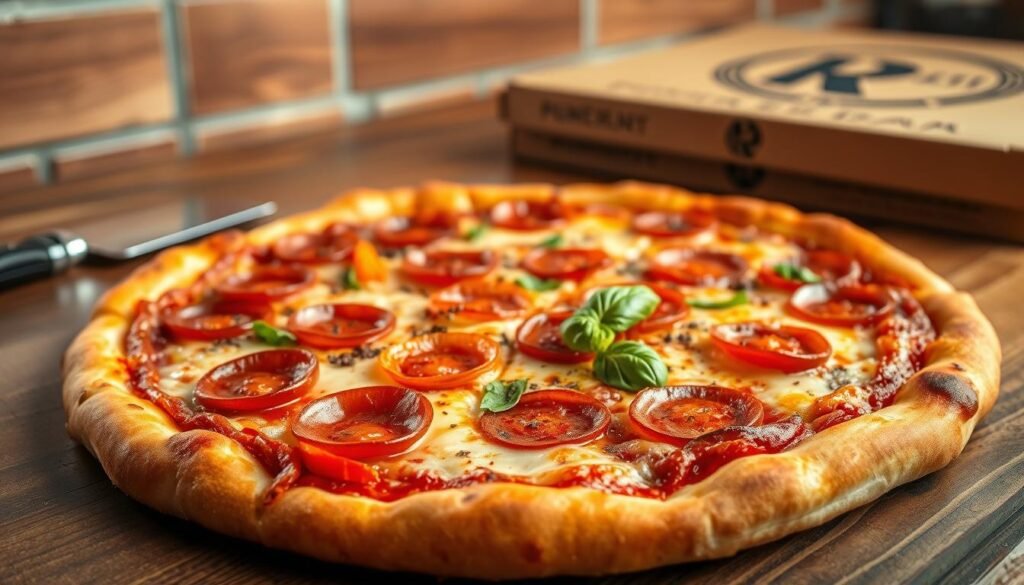 A close-up composition of a freshly baked pan pizza, showcasing a thick, golden-brown crust with a slightly crispy edge. The pizza is loaded with a vibrant array of toppings: gooey melted mozzarella, slices of pepperoni curling at the edges, colorful bell peppers, and a sprinkle of fresh basil. The foreground captures the texture of the cheese and toppings, while the middle ground showcases a rustic wooden table with a pizza cutter and an authentic pizza box subtly placed to the side. The background is softly blurred, hinting at a cozy pizzeria ambiance with warm lighting that enhances the inviting nature of the scene. The overall atmosphere is mouth-watering and inviting, ideal for analyzing craftsmanship in pizza-making. A close-up composition of a freshly baked pan pizza, showcasing a thick, golden-brown crust with a slightly crispy edge. The pizza is loaded with a vibrant array of toppings: gooey melted mozzarella, slices of pepperoni curling at the edges, colorful bell peppers, and a sprinkle of fresh basil. The foreground captures the texture of the cheese and toppings, while the middle ground showcases a rustic wooden table with a pizza cutter and an authentic pizza box subtly placed to the side. The background is softly blurred, hinting at a cozy pizzeria ambiance with warm lighting that enhances the inviting nature of the scene. The overall atmosphere is mouth-watering and inviting, ideal for analyzing craftsmanship in pizza-making.