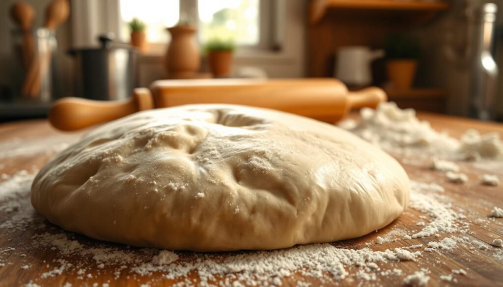 A close-up of freshly kneaded pizza dough on a wooden surface, the dough is smooth and soft with a light sheen, dusted with flour. In the foreground, the texture of the dough is prominent, showcasing small bubbles and the elasticity of the gluten. In the middle ground, a rolling pin and scattered flour give context to the preparation process. The background features a warm kitchen atmosphere, with soft natural light streaming in through a nearby window, casting gentle shadows and enhancing the inviting ambiance. The overall mood is cozy and homey, reflecting the art of making the perfect pizza dough. No people present, focusing solely on the dough and surrounding tools. A close-up of freshly kneaded pizza dough on a wooden surface, the dough is smooth and soft with a light sheen, dusted with flour. In the foreground, the texture of the dough is prominent, showcasing small bubbles and the elasticity of the gluten. In the middle ground, a rolling pin and scattered flour give context to the preparation process. The background features a warm kitchen atmosphere, with soft natural light streaming in through a nearby window, casting gentle shadows and enhancing the inviting ambiance. The overall mood is cozy and homey, reflecting the art of making the perfect pizza dough. No people present, focusing solely on the dough and surrounding tools.