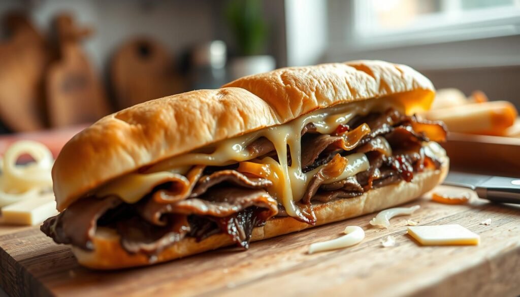 A close-up shot of a delicious Philly cheesesteak sandwich, showcasing its layers of thinly sliced steak, melted cheese, and sautéed onions, all nestled in a soft, golden hoagie roll. The foreground highlights the sandwich, with gooey cheese stretching tantalizingly as the sandwich is gently pulled apart. In the middle, a rustic wooden cutting board provides context, with a few scattered ingredients like additional onions and cheese slices. The background is softly blurred, featuring a warm, inviting kitchen setting, with gentle, natural light illuminating the scene to enhance the rich colors of the food. The overall mood is cozy and appetizing, emphasizing the texture of the crust and the indulgence of the cheesesteak.