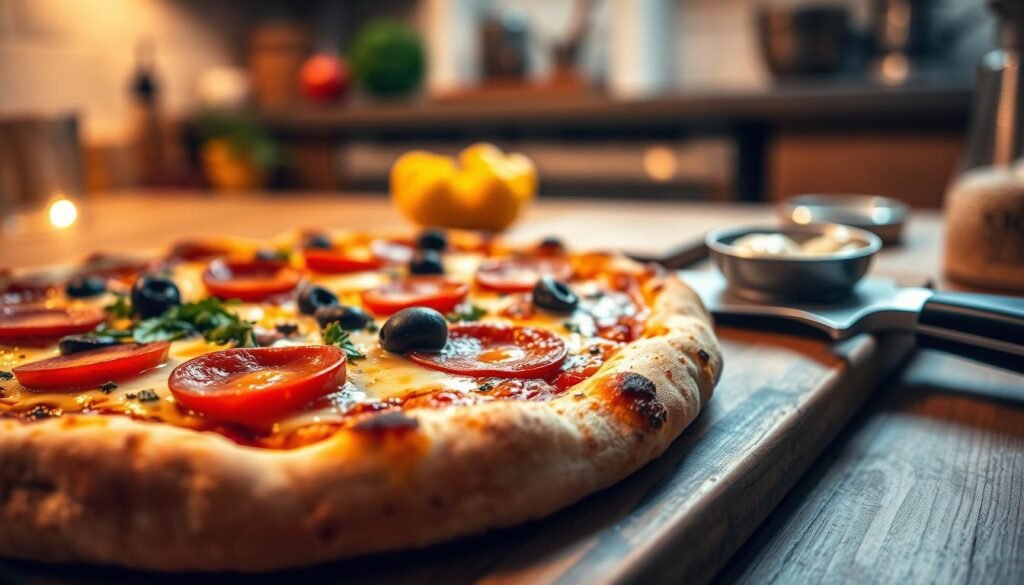 A close-up shot of a freshly baked pizza highlighting its delicious crust and vibrant toppings. The foreground showcases a golden-brown, perfectly baked crust with a slightly charred edge, topped with melted cheese, pepperoni slices, bell peppers, olives, and herbs. In the middle ground, the pizza sits on a rustic wooden cutting board, with a pizza cutter and a small bowl of garlic dipping sauce nearby. The background features a softly blurred kitchen environment, illuminated by warm, ambient lighting to create a cozy atmosphere. The angle is slightly elevated, capturing the texture of the crust and the vivid colors of the toppings. The mood is inviting and appetizing, encouraging the viewer to indulge in this delicious offering. A close-up shot of a freshly baked pizza highlighting its delicious crust and vibrant toppings. The foreground showcases a golden-brown, perfectly baked crust with a slightly charred edge, topped with melted cheese, pepperoni slices, bell peppers, olives, and herbs. In the middle ground, the pizza sits on a rustic wooden cutting board, with a pizza cutter and a small bowl of garlic dipping sauce nearby. The background features a softly blurred kitchen environment, illuminated by warm, ambient lighting to create a cozy atmosphere. The angle is slightly elevated, capturing the texture of the crust and the vivid colors of the toppings. The mood is inviting and appetizing, encouraging the viewer to indulge in this delicious offering.