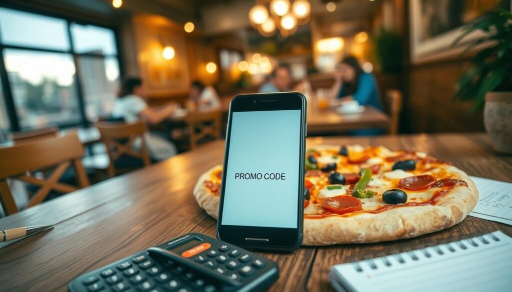 A close-up view of a delicious pizza with a variety of toppings, including pepperoni, bell peppers, and olives, placed on a rustic wooden table. In the foreground, a smartphone displays a prominent promo code, creatively integrated into the scene, alongside a calculator and a notepad filled with notes on pizza deals. In the middle ground, a blurred background showcases a cozy pizza restaurant with warm, inviting lighting and a few customers enjoying their meals. The atmosphere is lively and cheerful, evoking a sense of excitement about pizza deals. Capture the image using a slight overhead angle, ensuring sharp focus on the pizza and promo code while adding soft bokeh effects on surrounding elements. The lighting should mimic a late afternoon glow, enhancing the inviting feel. A close-up view of a delicious pizza with a variety of toppings, including pepperoni, bell peppers, and olives, placed on a rustic wooden table. In the foreground, a smartphone displays a prominent promo code, creatively integrated into the scene, alongside a calculator and a notepad filled with notes on pizza deals. In the middle ground, a blurred background showcases a cozy pizza restaurant with warm, inviting lighting and a few customers enjoying their meals. The atmosphere is lively and cheerful, evoking a sense of excitement about pizza deals. Capture the image using a slight overhead angle, ensuring sharp focus on the pizza and promo code while adding soft bokeh effects on surrounding elements. The lighting should mimic a late afternoon glow, enhancing the inviting feel.