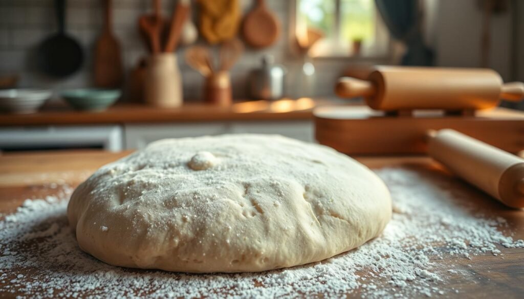 A close-up view of freshly prepared pizza dough on a wooden countertop, highlighting the texture and elasticity as it rises. The dough is sprinkled with a light dusting of flour, creating a soft contrast against the warm, neutral tones of the wood. In the background, a soft focus features a well-lit kitchen adorned with rustic utensils and a rolling pin, emphasizing a homey atmosphere. The lighting is warm and inviting, with sunlight streaming through a nearby window, casting gentle shadows. The angle is slightly overhead, showcasing the dough's round shape as it puffs up, representing the essential rising techniques for a perfect crust. The overall mood is cozy and inviting, ideal for a culinary exploration of pizza making. A close-up view of freshly prepared pizza dough on a wooden countertop, highlighting the texture and elasticity as it rises. The dough is sprinkled with a light dusting of flour, creating a soft contrast against the warm, neutral tones of the wood. In the background, a soft focus features a well-lit kitchen adorned with rustic utensils and a rolling pin, emphasizing a homey atmosphere. The lighting is warm and inviting, with sunlight streaming through a nearby window, casting gentle shadows. The angle is slightly overhead, showcasing the dough's round shape as it puffs up, representing the essential rising techniques for a perfect crust. The overall mood is cozy and inviting, ideal for a culinary exploration of pizza making.