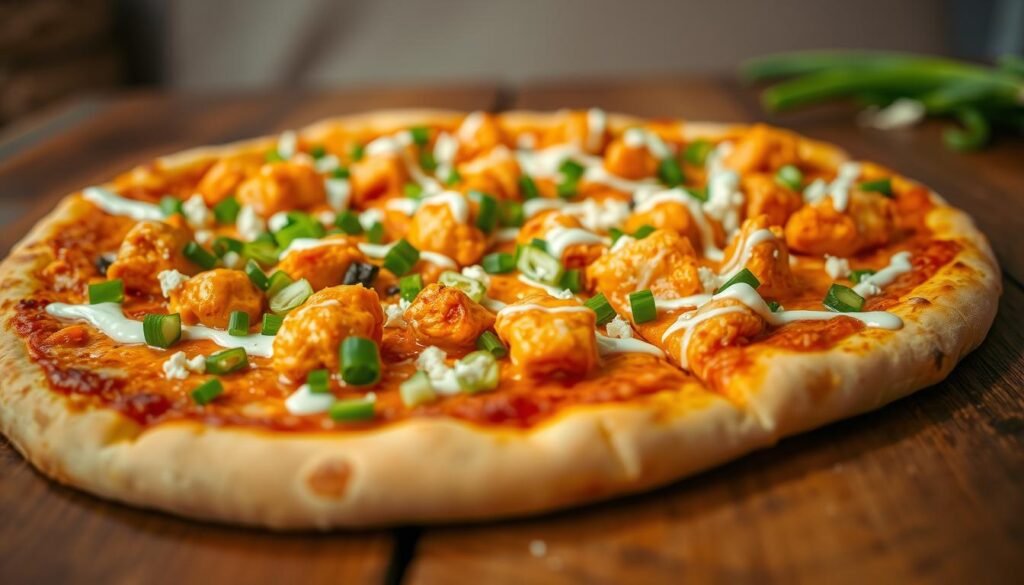 A delicious buffalo chicken pizza takes center stage, garnished with vibrant green chopped scallions and drizzled with creamy ranch dressing. The pizza crust is golden and crisp, showcasing generous portions of spicy buffalo chicken pieces, melted mozzarella, and a sprinkle of crumbled blue cheese. In the foreground, a rustic wooden table provides a homely ambiance. In the background, soft, warm lighting enhances the pizza's rich colors, creating an inviting atmosphere. From a slightly elevated angle, the image captures the texture of the cheese and the juicy flavors of the toppings, evoking a sense of indulgence and excitement for any pizza lover. The overall mood is lively and appetizing, enticing viewers to experience the bold flavors of buffalo chicken pizza. A delicious buffalo chicken pizza takes center stage, garnished with vibrant green chopped scallions and drizzled with creamy ranch dressing. The pizza crust is golden and crisp, showcasing generous portions of spicy buffalo chicken pieces, melted mozzarella, and a sprinkle of crumbled blue cheese. In the foreground, a rustic wooden table provides a homely ambiance. In the background, soft, warm lighting enhances the pizza's rich colors, creating an inviting atmosphere. From a slightly elevated angle, the image captures the texture of the cheese and the juicy flavors of the toppings, evoking a sense of indulgence and excitement for any pizza lover. The overall mood is lively and appetizing, enticing viewers to experience the bold flavors of buffalo chicken pizza.