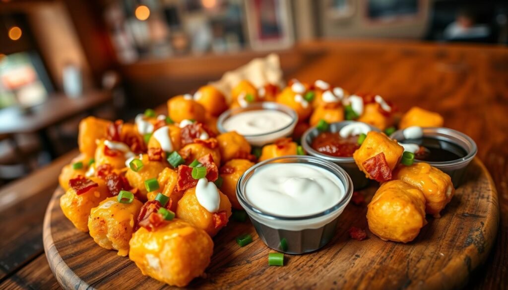 A delicious serving of loaded cheese tots is presented in the foreground, atop a rustic wooden table. The cheesy, golden-brown tater tots are generously topped with melted cheese, crispy bacon bits, and drizzled with ranch dressing. Scattered green onions add a vibrant pop of color, enhancing the visual appeal. In the middle ground, a scattering of additional dipping sauces sits in small bowls, inviting viewers to indulge. The background features a blurred image of a casual dining environment, with warm, soft lighting casting a cozy glow over the scene. The atmosphere is inviting and appetizing, perfect for food lovers. The angle is slightly overhead to highlight the textures and details, with a focus on the creamy cheese texture glistening under the light. A delicious serving of loaded cheese tots is presented in the foreground, atop a rustic wooden table. The cheesy, golden-brown tater tots are generously topped with melted cheese, crispy bacon bits, and drizzled with ranch dressing. Scattered green onions add a vibrant pop of color, enhancing the visual appeal. In the middle ground, a scattering of additional dipping sauces sits in small bowls, inviting viewers to indulge. The background features a blurred image of a casual dining environment, with warm, soft lighting casting a cozy glow over the scene. The atmosphere is inviting and appetizing, perfect for food lovers. The angle is slightly overhead to highlight the textures and details, with a focus on the creamy cheese texture glistening under the light.