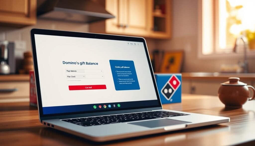 A desktop scene featuring a digital representation of a Domino's gift card balance. In the foreground, display a sleek laptop screen showing the Domino's gift card balance interface, with a clean and modern design. The middle ground features a few Domino's pizza boxes in vibrant red and blue colors, suggesting the brand without prominent logos. The background should be softly blurred to include a cozy kitchen setting, with warm lighting coming from a nearby window, creating a cheerful atmosphere. The angle should be slightly tilted to give depth, focusing on the laptop. The overall mood is inviting and casual, perfect for illustrating the process of checking a gift card balance. Ensure the image is professional and clean with no text or overlays. A desktop scene featuring a digital representation of a Domino's gift card balance. In the foreground, display a sleek laptop screen showing the Domino's gift card balance interface, with a clean and modern design. The middle ground features a few Domino's pizza boxes in vibrant red and blue colors, suggesting the brand without prominent logos. The background should be softly blurred to include a cozy kitchen setting, with warm lighting coming from a nearby window, creating a cheerful atmosphere. The angle should be slightly tilted to give depth, focusing on the laptop. The overall mood is inviting and casual, perfect for illustrating the process of checking a gift card balance. Ensure the image is professional and clean with no text or overlays.