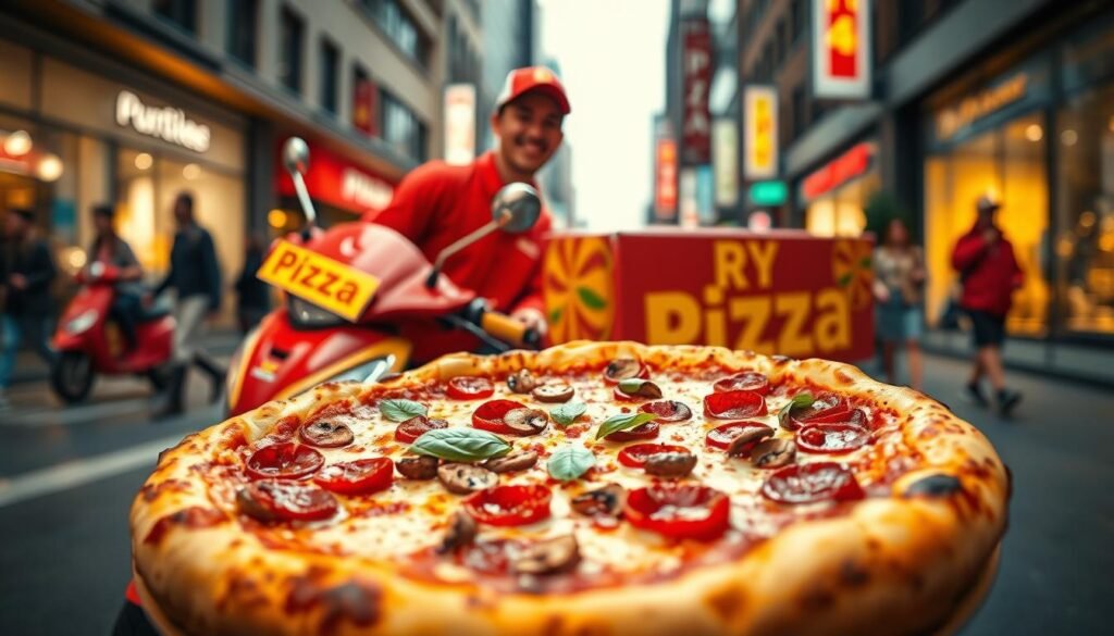 A dynamic and vibrant image of a pizza delivery scene set in a bustling urban environment. In the foreground, a large, delicious pizza with a golden crust and overflowing toppings including pepperoni, mushrooms, and fresh basil, positioned prominently, slightly angled to showcase its textures. In the middle ground, a cheerful delivery person in a red uniform, smiling and holding the pizza box, stands beside a scooter covered in colorful pizza branding. The background features a lively cityscape with blurred pedestrians and bright storefronts, creating an energetic atmosphere. The lighting is warm and inviting, conveying a sense of urgency and excitement, shot from a slightly low angle to emphasize the action. The overall mood is lively and positive, capturing the essence of a promotional pizza delivery experience. A dynamic and vibrant image of a pizza delivery scene set in a bustling urban environment. In the foreground, a large, delicious pizza with a golden crust and overflowing toppings including pepperoni, mushrooms, and fresh basil, positioned prominently, slightly angled to showcase its textures. In the middle ground, a cheerful delivery person in a red uniform, smiling and holding the pizza box, stands beside a scooter covered in colorful pizza branding. The background features a lively cityscape with blurred pedestrians and bright storefronts, creating an energetic atmosphere. The lighting is warm and inviting, conveying a sense of urgency and excitement, shot from a slightly low angle to emphasize the action. The overall mood is lively and positive, capturing the essence of a promotional pizza delivery experience.