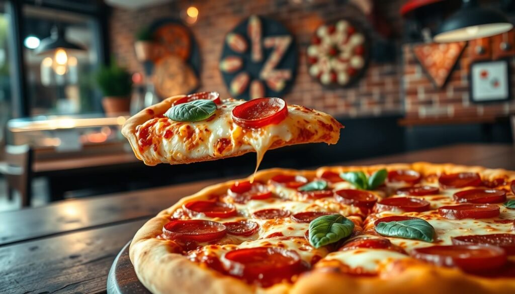 A fresh, golden-brown pan pizza sitting on a rustic wooden table, topped generously with glistening mozzarella cheese, vibrant red tomato sauce, pepperoni slices, and fresh basil leaves for garnish. In the foreground, a slice is being lifted from the pizza, revealing its fluffy, airy crust and delicious toppings. The middle ground features a blurred view of a cozy, warmly lit pizzeria setting with soft shadows and glowing ambient lights, creating a welcoming atmosphere. In the background, a brick wall adorned with pizza-themed decor adds charm and warmth to the scene. The image is shot from a slightly elevated angle, emphasizing the pizza's depth and texture, with soft focus edges to draw attention to the delicious focal point, evoking a sense of indulgence and comfort. A fresh, golden-brown pan pizza sitting on a rustic wooden table, topped generously with glistening mozzarella cheese, vibrant red tomato sauce, pepperoni slices, and fresh basil leaves for garnish. In the foreground, a slice is being lifted from the pizza, revealing its fluffy, airy crust and delicious toppings. The middle ground features a blurred view of a cozy, warmly lit pizzeria setting with soft shadows and glowing ambient lights, creating a welcoming atmosphere. In the background, a brick wall adorned with pizza-themed decor adds charm and warmth to the scene. The image is shot from a slightly elevated angle, emphasizing the pizza's depth and texture, with soft focus edges to draw attention to the delicious focal point, evoking a sense of indulgence and comfort.