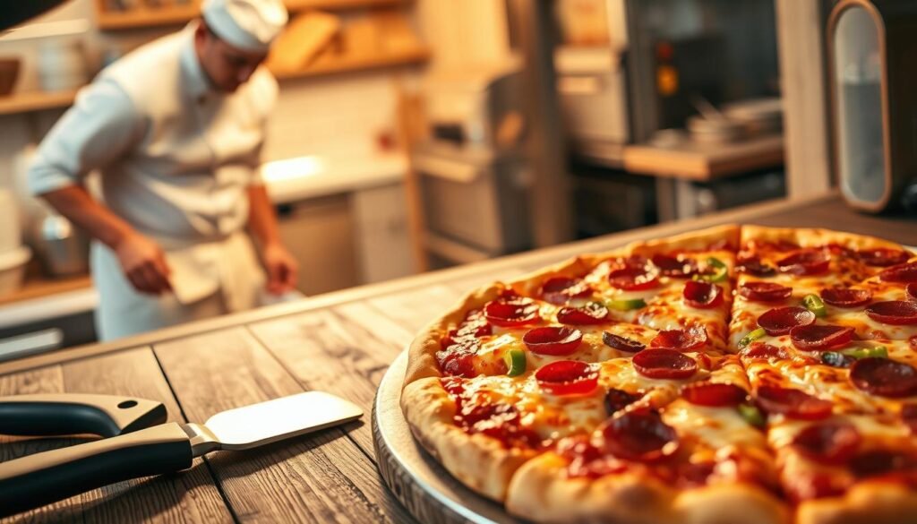 A freshly baked Dominos pan pizza emerges dramatically from the oven, with a golden-brown crust glistening under soft, warm lighting. In the foreground, the pizza displays generous toppings of melted cheese, pepperoni, and vibrant bell peppers, inviting the viewer’s appetite. The middle ground features a rustic wooden table with pizza slices slightly overlapping, alongside a classic pizza cutter. In the background, a blurred kitchen setting hints at a bustling pizza shop, where a chef in a crisp white shirt prepares another batch. The overall mood is cozy and inviting, capturing the essence of comfort food and culinary tradition. A slight angle from above showcases the pizza's thickness and toppings, enhancing its visual appeal. A freshly baked Dominos pan pizza emerges dramatically from the oven, with a golden-brown crust glistening under soft, warm lighting. In the foreground, the pizza displays generous toppings of melted cheese, pepperoni, and vibrant bell peppers, inviting the viewer’s appetite. The middle ground features a rustic wooden table with pizza slices slightly overlapping, alongside a classic pizza cutter. In the background, a blurred kitchen setting hints at a bustling pizza shop, where a chef in a crisp white shirt prepares another batch. The overall mood is cozy and inviting, capturing the essence of comfort food and culinary tradition. A slight angle from above showcases the pizza's thickness and toppings, enhancing its visual appeal.