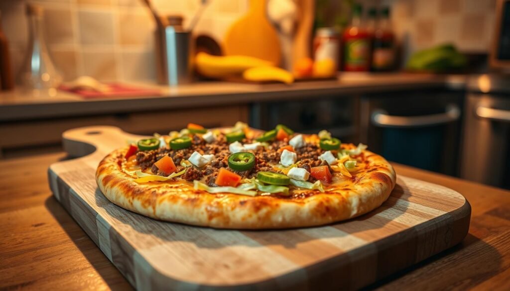 A freshly baked taco pizza sits on a rustic wooden cutting board, showcasing a golden, crispy crust. The vibrant toppings are visible in the foreground, featuring seasoned ground beef, melted cheddar cheese, crisp lettuce, diced tomatoes, and a sprinkle of jalapeños, all glistening with deliciousness. In the background, a cozy kitchen setting with warm, ambient lighting creates an inviting atmosphere. Soft shadows enhance the textures of the pizza and the wooden surface, while a slightly blurred countertop displays colorful ingredients and spicy sauce. The camera angle is slightly elevated, focusing on the pizza, inviting viewers to indulge in this unique dish. Overall, the mood is warm and appetizing, emphasizing the delight of enjoying a taco pizza straight from the oven. A freshly baked taco pizza sits on a rustic wooden cutting board, showcasing a golden, crispy crust. The vibrant toppings are visible in the foreground, featuring seasoned ground beef, melted cheddar cheese, crisp lettuce, diced tomatoes, and a sprinkle of jalapeños, all glistening with deliciousness. In the background, a cozy kitchen setting with warm, ambient lighting creates an inviting atmosphere. Soft shadows enhance the textures of the pizza and the wooden surface, while a slightly blurred countertop displays colorful ingredients and spicy sauce. The camera angle is slightly elevated, focusing on the pizza, inviting viewers to indulge in this unique dish. Overall, the mood is warm and appetizing, emphasizing the delight of enjoying a taco pizza straight from the oven.