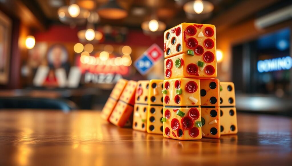 A high-resolution image of a colorful, playful arrangement of dominos styled like pizza slices, stacked and ready to topple in a viral chain reaction. In the foreground, focus on a vibrant domino slice with rich cheese, pepperoni, and green peppers detailed on top. The middle layer showcases more domino slices, artistically arranged to suggest movement and excitement, with some dominoes just about to fall. The background is blurred, featuring a cozy pizzeria ambiance with warm lighting that creates a welcoming atmosphere, hinting at laughter and shared joy. Use a shallow depth of field to emphasize the dominos in the foreground, capturing the hype and fun associated with pizza culture. The overall mood should be energetic and inviting, aiming to illustrate the excitement behind Dominos' viral marketing. A high-resolution image of a colorful, playful arrangement of dominos styled like pizza slices, stacked and ready to topple in a viral chain reaction. In the foreground, focus on a vibrant domino slice with rich cheese, pepperoni, and green peppers detailed on top. The middle layer showcases more domino slices, artistically arranged to suggest movement and excitement, with some dominoes just about to fall. The background is blurred, featuring a cozy pizzeria ambiance with warm lighting that creates a welcoming atmosphere, hinting at laughter and shared joy. Use a shallow depth of field to emphasize the dominos in the foreground, capturing the hype and fun associated with pizza culture. The overall mood should be energetic and inviting, aiming to illustrate the excitement behind Dominos' viral marketing.