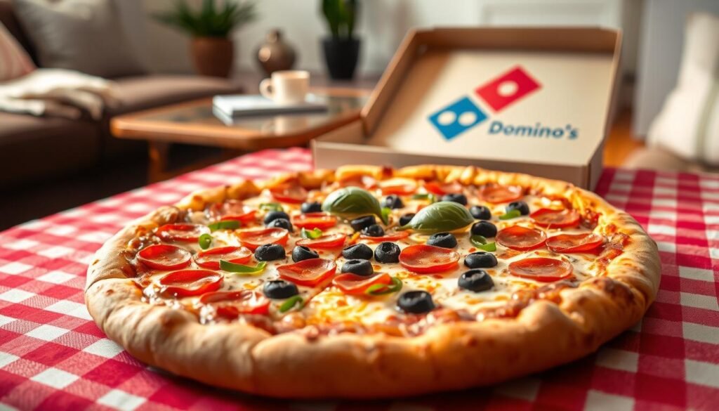 A large, mouthwatering carryout special pizza, freshly baked with a golden-brown crust, sits prominently in the foreground on a vibrant red checkered tablecloth. The pizza is loaded with a colorful array of toppings, including melted mozzarella cheese, juicy pepperoni slices, crisp green bell peppers, and black olives, with a sprinkle of fresh basil on top. In the middle ground, a branded Domino's pizza box is slightly open, hinting at the delicious contents inside. Soft, warm lighting creates an inviting atmosphere, casting gentle shadows on the table, while the background features a cozy living room setting with a blurred view of a coffee table and decorative plants. The overall mood is cheerful and enticing, emphasizing the convenience and quality of carryout pizza. A large, mouthwatering carryout special pizza, freshly baked with a golden-brown crust, sits prominently in the foreground on a vibrant red checkered tablecloth. The pizza is loaded with a colorful array of toppings, including melted mozzarella cheese, juicy pepperoni slices, crisp green bell peppers, and black olives, with a sprinkle of fresh basil on top. In the middle ground, a branded Domino's pizza box is slightly open, hinting at the delicious contents inside. Soft, warm lighting creates an inviting atmosphere, casting gentle shadows on the table, while the background features a cozy living room setting with a blurred view of a coffee table and decorative plants. The overall mood is cheerful and enticing, emphasizing the convenience and quality of carryout pizza.