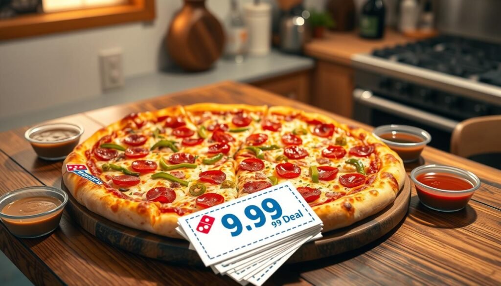 A mouth-watering, freshly made Domino's pizza sitting on a rustic wooden table, showcasing vibrant toppings like pepperoni, green peppers, and melted cheese, with a small stack of coupons labeled "9.99 Deal" prominently displayed in the foreground. Surrounding the pizza are sides of dipping sauces and a stylish pizza cutter, creating a casual dining atmosphere. In the background, softly blurred out, there's a warm, inviting kitchen with gentle lighting illuminating the scene, giving a cozy, homey feel. Use a slight overhead angle to capture the full essence of the pizza, enhancing its appeal. The overall mood is inviting and appetizing, perfectly illustrating the value and enjoyment of the Domino's 9.99 deal. A mouth-watering, freshly made Domino's pizza sitting on a rustic wooden table, showcasing vibrant toppings like pepperoni, green peppers, and melted cheese, with a small stack of coupons labeled "9.99 Deal" prominently displayed in the foreground. Surrounding the pizza are sides of dipping sauces and a stylish pizza cutter, creating a casual dining atmosphere. In the background, softly blurred out, there's a warm, inviting kitchen with gentle lighting illuminating the scene, giving a cozy, homey feel. Use a slight overhead angle to capture the full essence of the pizza, enhancing its appeal. The overall mood is inviting and appetizing, perfectly illustrating the value and enjoyment of the Domino's 9.99 deal.