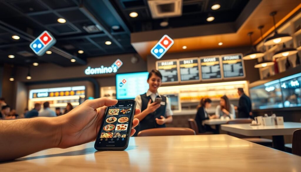A sleek, modern restaurant interior showcasing the "Domino's Pizza" brand ambiance. In the foreground, a neatly arranged table with a smartphone displaying the Domino's app, featuring vibrant images of pizza options. A hand casually reaches for the phone, emphasizing the ease of the ordering process. The middle ground features a friendly staff member in a professional uniform, smiling as they assist a customer at the counter. Behind them, shelves stocked with ingredients and a large menu board glow softly under warm, inviting lighting. The background captures patrons enjoying their meals, creating a lively yet relaxed atmosphere filled with excitement and anticipation. Use a wide-angle lens to capture the bustling scene while ensuring the lighting highlights the warmth of the restaurant. A sleek, modern restaurant interior showcasing the "Domino's Pizza" brand ambiance. In the foreground, a neatly arranged table with a smartphone displaying the Domino's app, featuring vibrant images of pizza options. A hand casually reaches for the phone, emphasizing the ease of the ordering process. The middle ground features a friendly staff member in a professional uniform, smiling as they assist a customer at the counter. Behind them, shelves stocked with ingredients and a large menu board glow softly under warm, inviting lighting. The background captures patrons enjoying their meals, creating a lively yet relaxed atmosphere filled with excitement and anticipation. Use a wide-angle lens to capture the bustling scene while ensuring the lighting highlights the warmth of the restaurant.