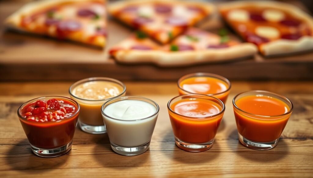 A vibrant and inviting composition showcasing a variety of dipping sauces in small, elegant cups. In the foreground, several sauces are displayed: a rich marinara, a creamy garlic dip, a zesty ranch, and a bright orange buffalo sauce, each with unique textures and colors. The middle ground features a rustic wooden table, slightly blurred to enhance the focus on the sauce cups. In the background, hints of pizza slices can be seen, creating a relatable context without overpowering the main subject. The lighting is warm and inviting, reminiscent of cozy dining settings, with soft shadows enhancing the textures of the sauces. The atmosphere evokes a sense of enjoyment and flavor exploration. The angle is slightly overhead to capture the arrangement of the sauces beautifully. A vibrant and inviting composition showcasing a variety of dipping sauces in small, elegant cups. In the foreground, several sauces are displayed: a rich marinara, a creamy garlic dip, a zesty ranch, and a bright orange buffalo sauce, each with unique textures and colors. The middle ground features a rustic wooden table, slightly blurred to enhance the focus on the sauce cups. In the background, hints of pizza slices can be seen, creating a relatable context without overpowering the main subject. The lighting is warm and inviting, reminiscent of cozy dining settings, with soft shadows enhancing the textures of the sauces. The atmosphere evokes a sense of enjoyment and flavor exploration. The angle is slightly overhead to capture the arrangement of the sauces beautifully.