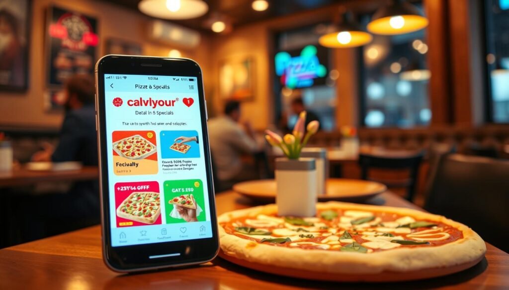 A vibrant and inviting mobile app interface showcasing exclusive deals and specials for a pizza restaurant. In the foreground, a sleek smartphone displays a bright, user-friendly app with visually appealing pizza images, promotional banners, and attractive discount offers. The middle layer features a cozy dining environment in the background, suggesting a carry-out setting with a stylish table set for delicious pizza. Soft, warm lighting creates a welcoming atmosphere, reflecting a busy yet relaxed mood. The angle is slightly tilted to emphasize the smartphone's screen while capturing the ambiance around it. This scene combines modern technology with the heart of casual dining, effectively highlighting mobile app exclusives in a visually engaging way. A vibrant and inviting mobile app interface showcasing exclusive deals and specials for a pizza restaurant. In the foreground, a sleek smartphone displays a bright, user-friendly app with visually appealing pizza images, promotional banners, and attractive discount offers. The middle layer features a cozy dining environment in the background, suggesting a carry-out setting with a stylish table set for delicious pizza. Soft, warm lighting creates a welcoming atmosphere, reflecting a busy yet relaxed mood. The angle is slightly tilted to emphasize the smartphone's screen while capturing the ambiance around it. This scene combines modern technology with the heart of casual dining, effectively highlighting mobile app exclusives in a visually engaging way.