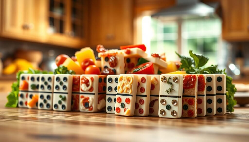A vibrant arrangement of dominoes designed to represent different pizza ingredients, showcasing a variety of colors and textures. In the foreground, a close-up of dominoes topped with realistic depictions of fresh vegetables, cheese, and pizza sauces, each piece intricately detailed. The middle ground features a cascading effect, where dominoes are arranged in a playful yet structured manner, hinting at a flavor explosion. The background is softly blurred but suggests a warm, inviting kitchen setting with wooden textures and soft natural light illuminating the scene, creating a cozy and energetic atmosphere. Use a slight overhead angle to emphasize the arrangement, with a shallow depth of field to focus on the ingredients next to the dominoes, evoking a sense of culinary artistry and excitement. A vibrant arrangement of dominoes designed to represent different pizza ingredients, showcasing a variety of colors and textures. In the foreground, a close-up of dominoes topped with realistic depictions of fresh vegetables, cheese, and pizza sauces, each piece intricately detailed. The middle ground features a cascading effect, where dominoes are arranged in a playful yet structured manner, hinting at a flavor explosion. The background is softly blurred but suggests a warm, inviting kitchen setting with wooden textures and soft natural light illuminating the scene, creating a cozy and energetic atmosphere. Use a slight overhead angle to emphasize the arrangement, with a shallow depth of field to focus on the ingredients next to the dominoes, evoking a sense of culinary artistry and excitement.