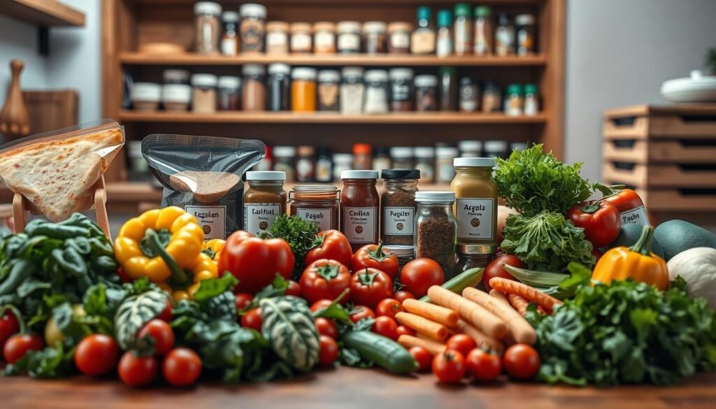 A vibrant display of fresh ingredients on a wooden kitchen table, symbolizing an allergen menu theme. Foreground features an array of colorful vegetables like bell peppers, tomatoes, and leafy greens, alongside gluten-free pizza crusts and dairy substitutes. In the middle, neatly labeled jars containing various spices and sauces illustrate the importance of clear ingredient sourcing. The background softly blurs with a wooden pantry filled with neatly stacked ingredient trays and bottles, enhancing the theme of organization and clarity. Soft, warm lighting casts a welcoming glow over the scene, reminiscent of a friendly kitchen atmosphere, inviting viewers to explore the importance of ingredient updates. The angle captures the entire tableau from a slight overhead perspective, emphasizing the variety and richness of ingredients without any text or distractions. A vibrant display of fresh ingredients on a wooden kitchen table, symbolizing an allergen menu theme. Foreground features an array of colorful vegetables like bell peppers, tomatoes, and leafy greens, alongside gluten-free pizza crusts and dairy substitutes. In the middle, neatly labeled jars containing various spices and sauces illustrate the importance of clear ingredient sourcing. The background softly blurs with a wooden pantry filled with neatly stacked ingredient trays and bottles, enhancing the theme of organization and clarity. Soft, warm lighting casts a welcoming glow over the scene, reminiscent of a friendly kitchen atmosphere, inviting viewers to explore the importance of ingredient updates. The angle captures the entire tableau from a slight overhead perspective, emphasizing the variety and richness of ingredients without any text or distractions.