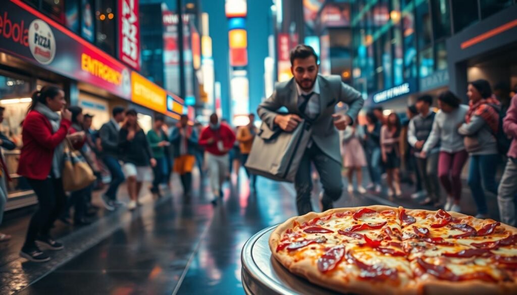 A vibrant, dynamic scene showcasing an emergency pizza delivery in a bustling city at night. In the foreground, a large, hot pizza with melting cheese and colorful toppings sits on an emergency response table, steam rising off it. The middle ground features a busy street illuminated by bright neon lights reflecting off the shiny wet pavement. A delivery person in professional attire is rushing toward the table, clutching an insulated pizza bag, with a look of urgency and excitement. In the background, blurred city buildings add depth, while a group of diverse people eagerly gathers around the table. The atmosphere is lively and energetic, conveying a sense of community and joy. The image is well-lit with a cinematic feel, shot from a low angle to emphasize the action. A vibrant, dynamic scene showcasing an emergency pizza delivery in a bustling city at night. In the foreground, a large, hot pizza with melting cheese and colorful toppings sits on an emergency response table, steam rising off it. The middle ground features a busy street illuminated by bright neon lights reflecting off the shiny wet pavement. A delivery person in professional attire is rushing toward the table, clutching an insulated pizza bag, with a look of urgency and excitement. In the background, blurred city buildings add depth, while a group of diverse people eagerly gathers around the table. The atmosphere is lively and energetic, conveying a sense of community and joy. The image is well-lit with a cinematic feel, shot from a low angle to emphasize the action.