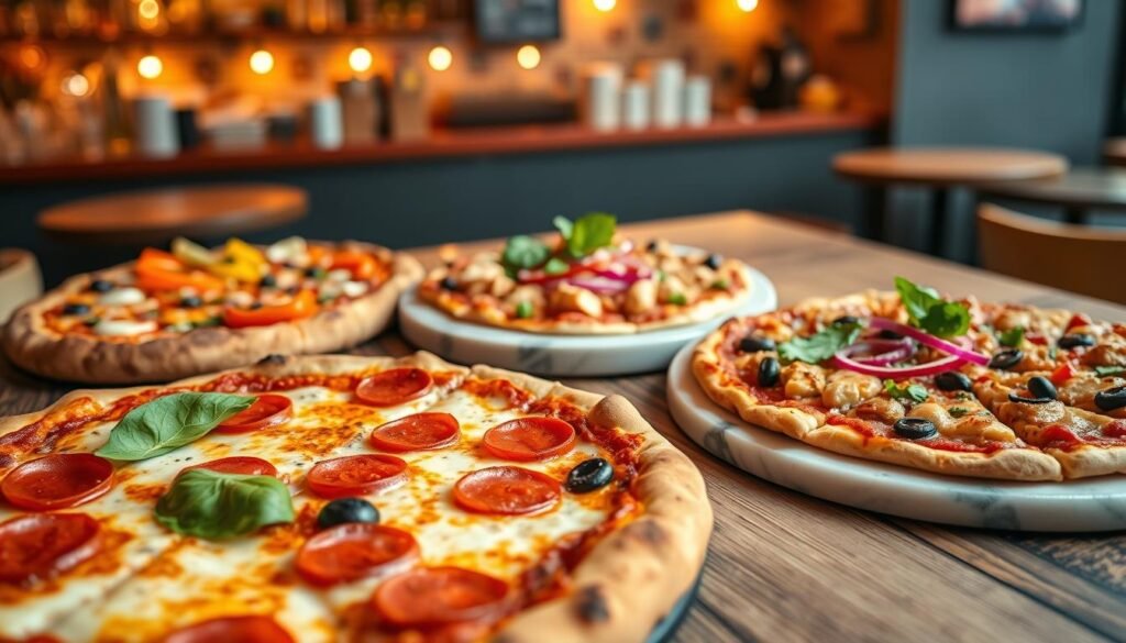 A vibrant, mouth-watering selection of mix and match pizzas displayed on a rustic wooden table, featuring a variety of toppings and crusts. In the foreground, a classic pepperoni pizza with gooey cheese and fresh basil, next to a vegetarian pizza loaded with colorful bell peppers, mushrooms, and olives. In the middle, a barbecue chicken pizza garnished with cilantro and red onions, elegantly presented on a circular marble board. The background showcases an inviting pizzeria ambiance with warm, ambient lighting casting a soft glow, enhancing the appetizing colors of the pizzas. The scene is shot from a slightly elevated angle, creating depth and emphasizing the delicious variety. The overall mood is cheerful and enticing, inviting viewers to explore delicious meal options. A vibrant, mouth-watering selection of mix and match pizzas displayed on a rustic wooden table, featuring a variety of toppings and crusts. In the foreground, a classic pepperoni pizza with gooey cheese and fresh basil, next to a vegetarian pizza loaded with colorful bell peppers, mushrooms, and olives. In the middle, a barbecue chicken pizza garnished with cilantro and red onions, elegantly presented on a circular marble board. The background showcases an inviting pizzeria ambiance with warm, ambient lighting casting a soft glow, enhancing the appetizing colors of the pizzas. The scene is shot from a slightly elevated angle, creating depth and emphasizing the delicious variety. The overall mood is cheerful and enticing, inviting viewers to explore delicious meal options.