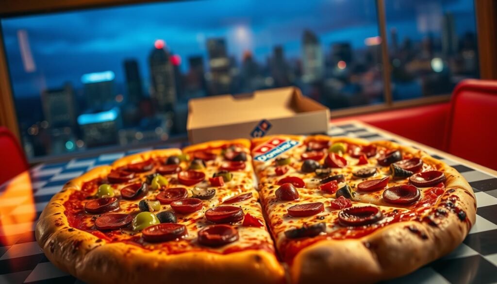 A vibrant scene depicting an imaginative "emergency pizza" delivery scenario. In the foreground, showcase a large, steaming pizza with a variety of toppings like pepperoni, bell peppers, and mushrooms, presented on a checkered diner table with a few slices missing, hinting at immediate consumption. In the middle, place a slightly open pizza box, with the iconic Domino's logo visible, suggesting an atmosphere of quick gratification. In the background, a blurred cityscape at dusk with twinkling lights conveys a sense of urgency and excitement. Use warm and inviting lighting to highlight the richness of the pizza and create a cozy yet dynamic atmosphere, suggesting a moment of surprise and delight. Capture the image with a slight angle, as if inviting viewers to partake in this savory experience. A vibrant scene depicting an imaginative "emergency pizza" delivery scenario. In the foreground, showcase a large, steaming pizza with a variety of toppings like pepperoni, bell peppers, and mushrooms, presented on a checkered diner table with a few slices missing, hinting at immediate consumption. In the middle, place a slightly open pizza box, with the iconic Domino's logo visible, suggesting an atmosphere of quick gratification. In the background, a blurred cityscape at dusk with twinkling lights conveys a sense of urgency and excitement. Use warm and inviting lighting to highlight the richness of the pizza and create a cozy yet dynamic atmosphere, suggesting a moment of surprise and delight. Capture the image with a slight angle, as if inviting viewers to partake in this savory experience.