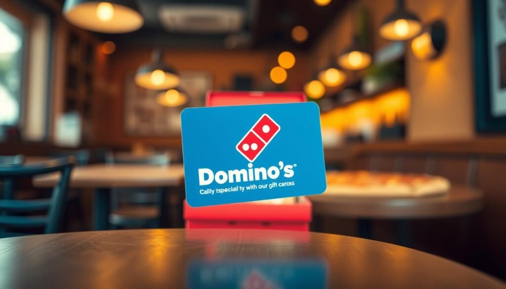 A visually striking gift card designed specifically for Domino's, prominently displayed in the foreground. The card should showcase a vibrant blue and red color scheme, featuring the iconic Domino's logo in detail. In the middle ground, include a faint image of a pizza box partially open, hinting at delicious pizzas and emphasizing the card's purpose. The background should be a softly blurred cafe setting, with warm lighting to create a cozy atmosphere. Use a high-angle shot to emphasize the card, capturing a slight depth of field. The overall mood should convey a sense of excitement and possibility, perfect for someone considering their next pizza order. Ensure no text, logos, or watermarks are visible on the card or in the image. A visually striking gift card designed specifically for Domino's, prominently displayed in the foreground. The card should showcase a vibrant blue and red color scheme, featuring the iconic Domino's logo in detail. In the middle ground, include a faint image of a pizza box partially open, hinting at delicious pizzas and emphasizing the card's purpose. The background should be a softly blurred cafe setting, with warm lighting to create a cozy atmosphere. Use a high-angle shot to emphasize the card, capturing a slight depth of field. The overall mood should convey a sense of excitement and possibility, perfect for someone considering their next pizza order. Ensure no text, logos, or watermarks are visible on the card or in the image.